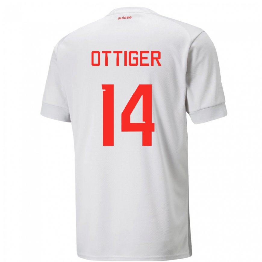 Kandiny Miesten Sveitsin Severin Ottiger #14 Valkoinen Vieraspaita 22-24 Lyhythihainen Paita T-paita