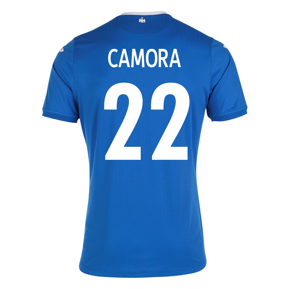 Lapset Romanian Jalkapallomaajoukkue Mario Camora #22 Vieraspaita Sininen 2021 Lyhythihainen Paita