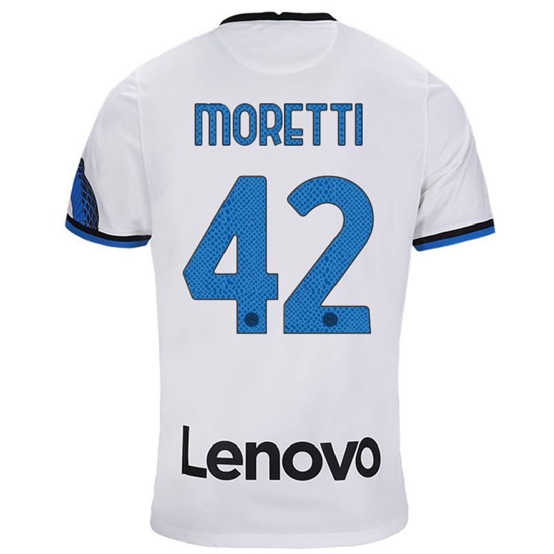Naisten Jalkapallo Lorenzo Moretti #42 Valkoinen Sininen Vieraspaita 2021/22 Lyhythihainen Paita T-paita