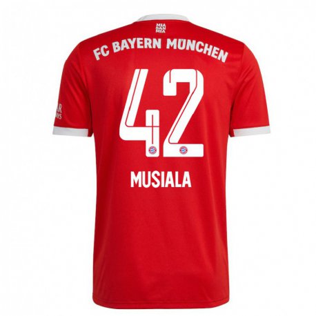 Kandiny Miesten Jamal Musiala #42 Neon Punainen Valkoinen Kotipaita 2022/23 Lyhythihainen Paita T-paita