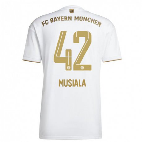 Kandiny Miesten Jamal Musiala #42 Valkoinen Kulta Vieraspaita 2022/23 Lyhythihainen Paita T-paita