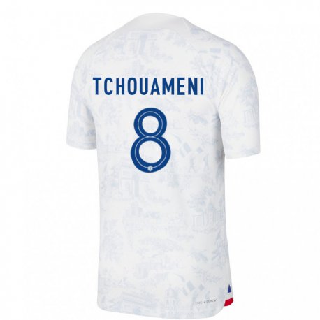 Kandiny Lapset Ranskan Aurelien Tchouameni #8 Valkoinen Sininen Vieraspaita 22-24 Lyhythihainen Paita T-paita