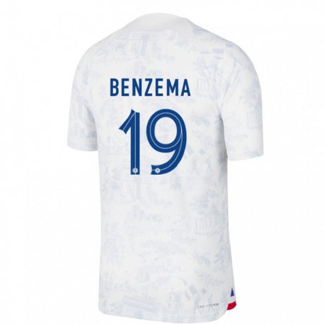 Kandiny Miesten Ranskan Karim Benzema #19 Valkoinen Sininen Vieraspaita 22-24 Lyhythihainen Paita T-paita