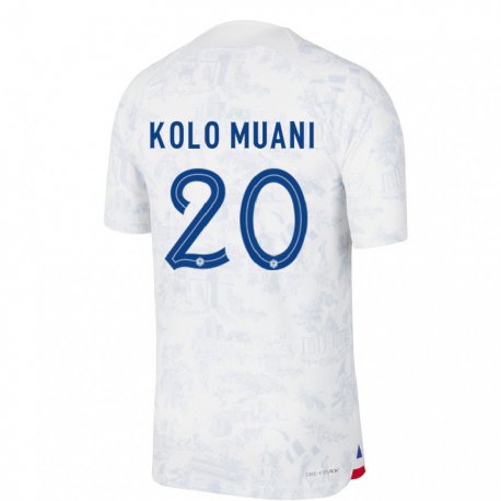 Kandiny Miesten Ranskan Randal Kolo Muani #20 Valkoinen Sininen Vieraspaita 22-24 Lyhythihainen Paita T-paita