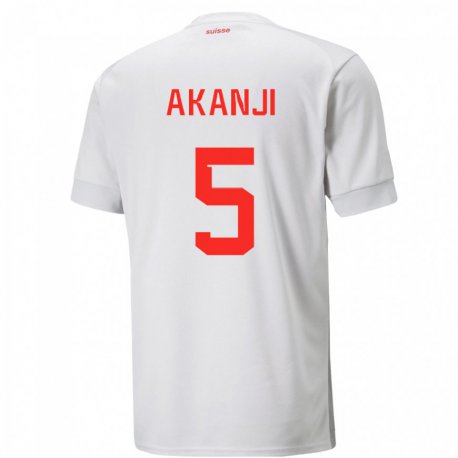 Kandiny Miesten Sveitsin Manuel Akanji #5 Valkoinen Vieraspaita 22-24 Lyhythihainen Paita T-paita