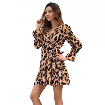 Kandiny - Leopard Print Long Sleeve Sexy Dress