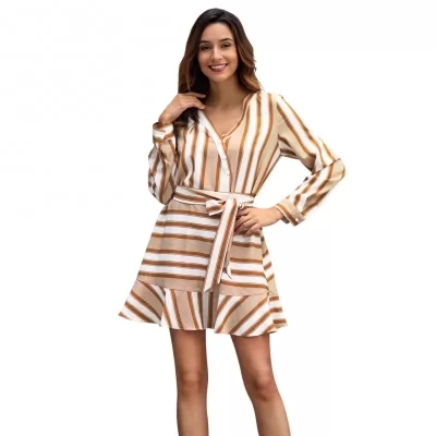 Kandiny - New beige striped long sleeve V-neck dress