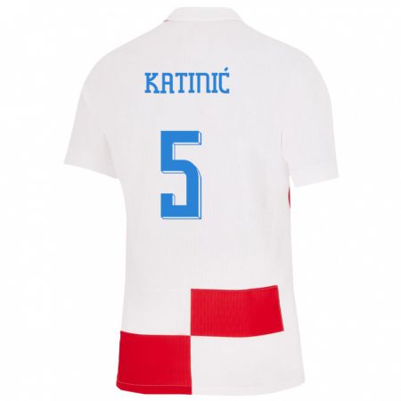 Kandiny Miesten Kroatia Maro Katinic #5 Valkoinen Punainen Kotipaita 24-26 Lyhythihainen Paita T-Paita