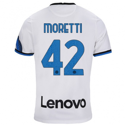 Miesten Jalkapallo Lorenzo Moretti #42 Valkoinen Sininen Vieraspaita 2021/22 Lyhythihainen Paita T-paita